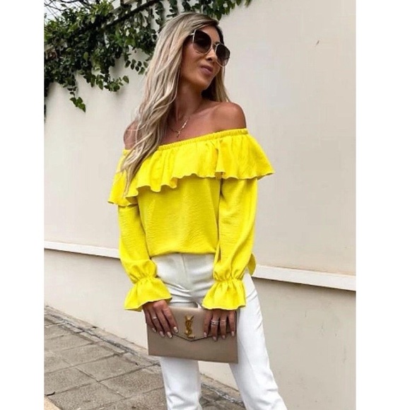 Yellow Long Sleeve Off Shoulder Ruffle Top Blouse - Picture 7 of 10